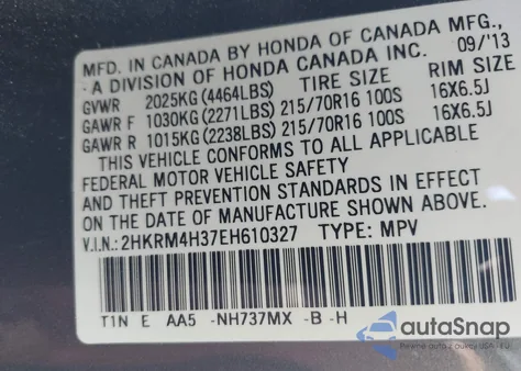 2014 Honda Cr-V Lx из США, поврежденный, VIN 2HKRM4H37EH610327